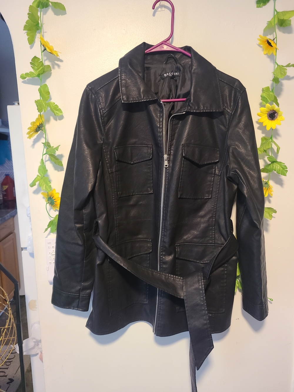 Baccini Black Faux Leather Belted Jacket